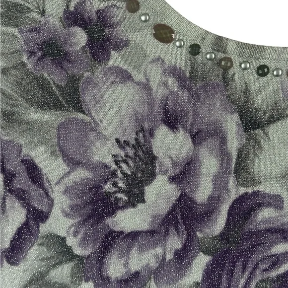 Women’s Floral Glitter Knit Top with Embellished Neckline - Purple/Gray - Picture 3 of 16